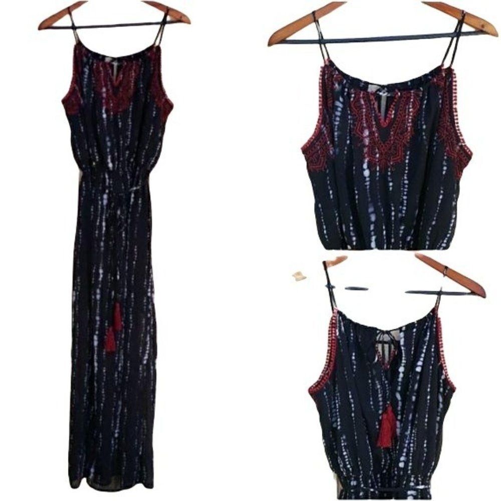 Knox Rose Gothic Witchy Maxi Dress Spaghetti Sheer Reptile Embroidered Blk‎ Sz L